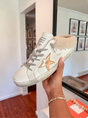 Golden Goose White Slip-On Sneaker Mule with Rose Gold Star